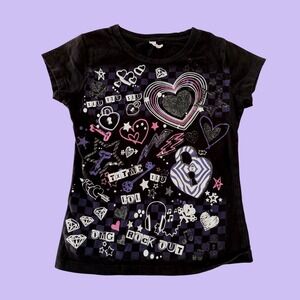 Y2K Alstyle Graphic Baby Tee Black Glitter Hearts Rock Out Scene Shirt #18